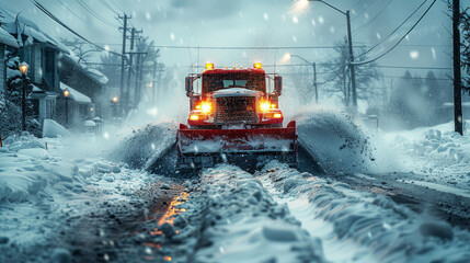 A formidable snowplow truck head-on, its lights piercing through a blizzard as it pushes snow off a residential road ,generative ai - obrazy, fototapety, plakaty