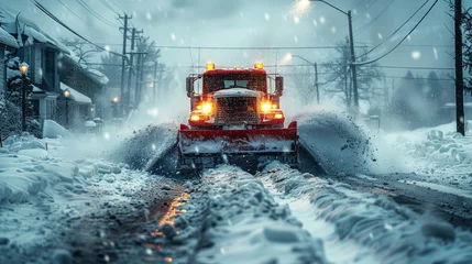 Fotobehang A formidable snowplow truck head-on, its lights piercing through a blizzard as it pushes snow off a residential road ,generative ai © Chanya2498