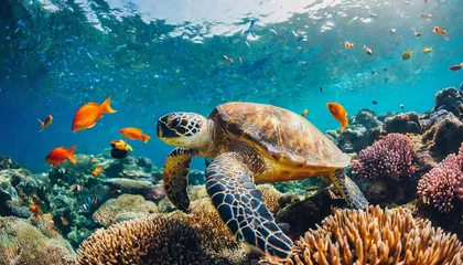 Poster  turtle with group of colorful fish and sea animals with colorful coral underwater in ocean  © wiizii