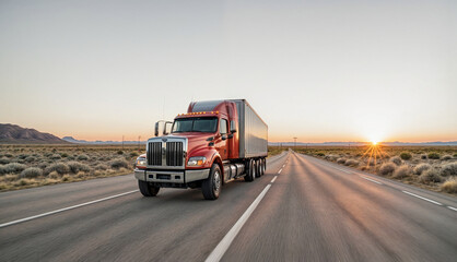 At sunset, a streamlined white semi-truck moves cargo along the highway, symbolizing the logistics industry - Illustrating the concept of efficient transportation