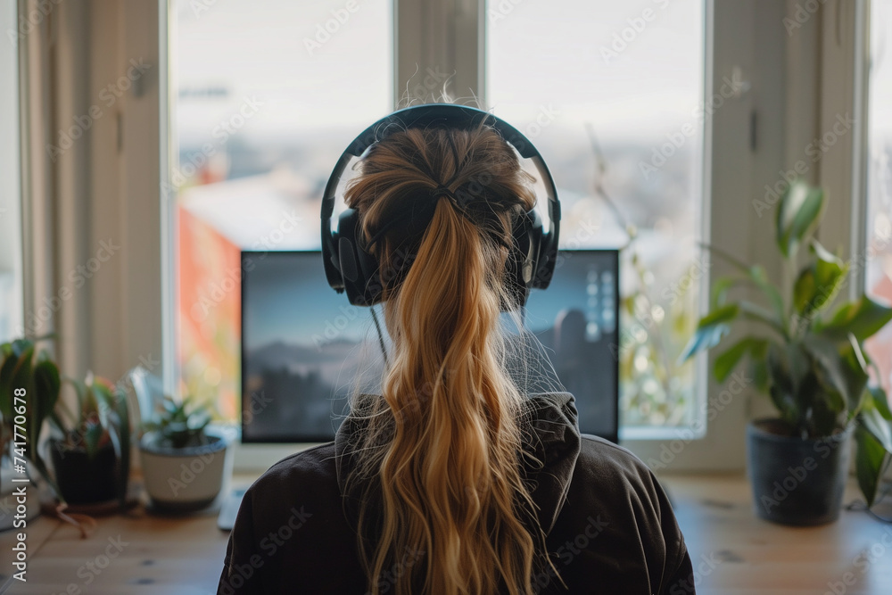Poster a remote worker enjoying the flexibility of a virtual office environment. a woman with headphones si