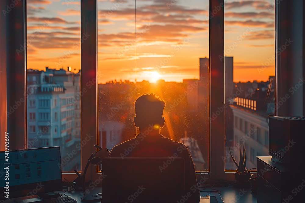 Poster a remote worker enjoying the flexibility of a virtual office environment, a man is sitting at a desk