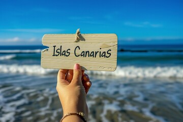 hands holding a sign that says Canary Islands promoting beach tourism