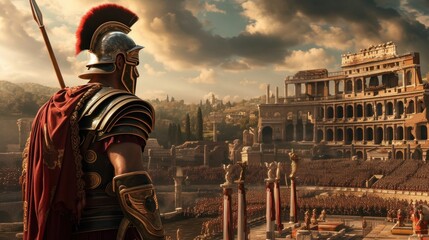 Ancient warrior or Gladiator posing in the arena - obrazy, fototapety, plakaty