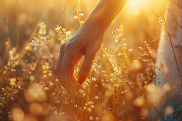 Hand touching wildflowers at sunset
