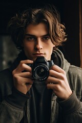 young man with a camera taking photos