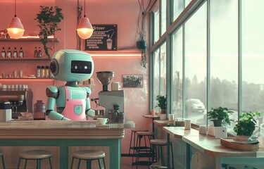 a humanoid robot wearing an apron working in a coffee shop. generative ai art
