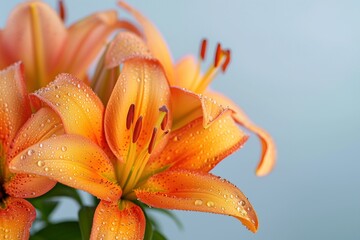 Close-up of vibrant orange lilies with dew drops on their petals, contrasted against a plain, light blue background.