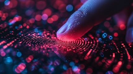 Biometric security network, privacy data protection. Woman fingerprint identification on mobile phone to access personal financial data, cybersecurity technology