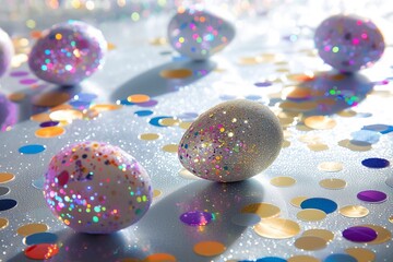 Glitter and sequins scattered around eggs being decorated, reflecting a kaleidoscope of colors on a...