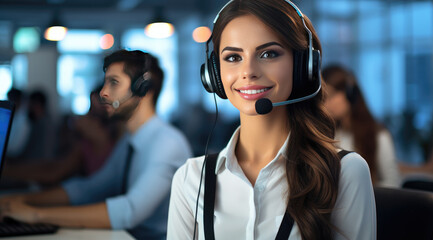 woman working in a call center talking to clients happy Female employee, call center in the office.