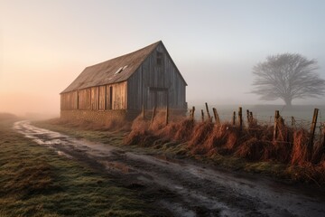 An old wooden granary emerges from the misty morning backdrop, with a rustic fence line leading the eye down a tranquil country road - obrazy, fototapety, plakaty