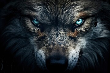 Banner with close-up portrait of a gray wolf with brown eyes and nose