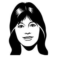 Face of young woman with long hairstyle for avatars, user profiles. Black and white vector clipart. Designed to good fit in square and circle.
