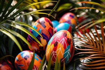 Vividly decorated easter eggs and leaves on lush green background with copy space for text