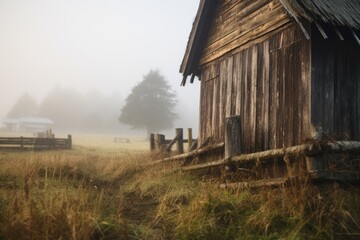 An old wooden granary stands quietly in the misty morning light, with a faded fence line leading into a tranquil field - obrazy, fototapety, plakaty