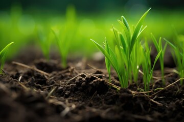 A close up shot of young barley sprouts emerging from fertile soil with a soft focus green background