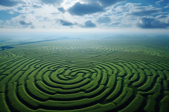 Intricate pattern of crop circles within a lush green field, beneath a sky of scattered clouds