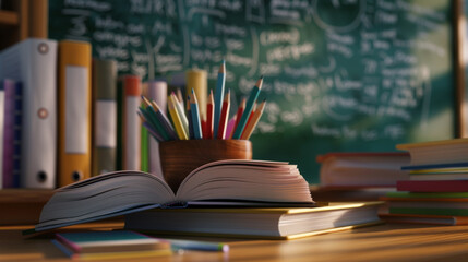 open book in the foreground on a wooden desk with a pot of colored pencils to the right, and stacks of books to the left, against the background of a chalkboard filled with writing.