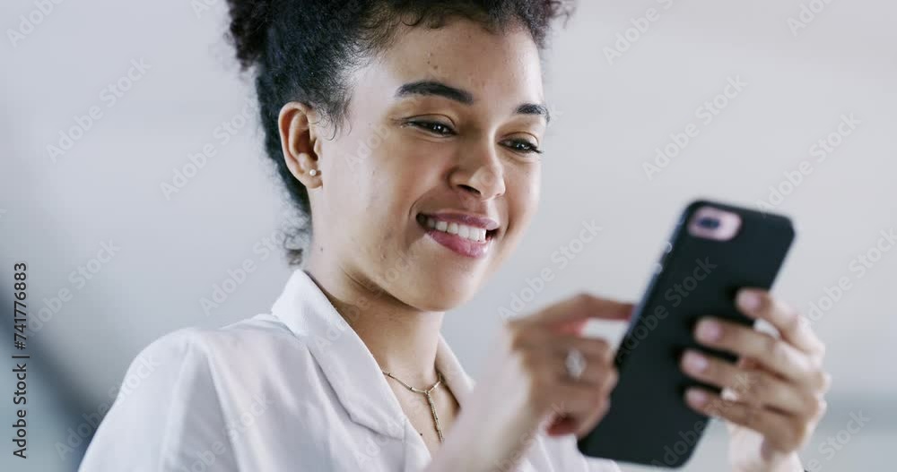 Poster business woman, smile and typing with phone in office for social network, mobile chat and contact fr