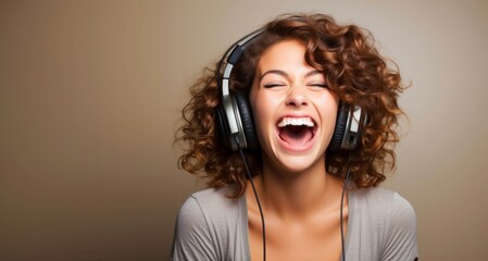 Mujer joven sonriente escuchando música en lo cascos - obrazy, fototapety, plakaty
