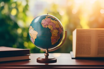 A classic world globe on a wooden desk beside an open book, with a warm, sunlight background