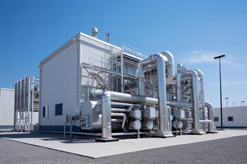 Compressor room with pipelines of an oil, chemical, gas, hydrogen or ammonia industrial enterprise.