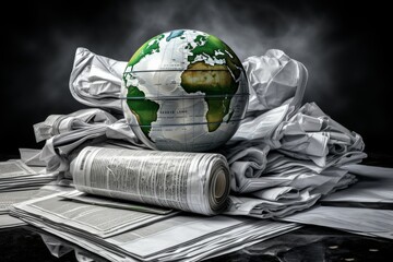 Conceptual image of a globe with crumpled paper texture overlying stacks of newspapers, symbolizing environmental news
