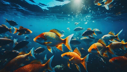 Underwater panorama on a shallow coral reef with shoal of colorful tropical fishes, marine sea ocean