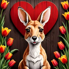 Foto op Plexiglas I recently came across a high-quality illustration of a kangaroo that really caught my eye. The kangaroo had a large baby in her pouch, with a red heart and yellow tulip nearby. The detail in the illu © bulent