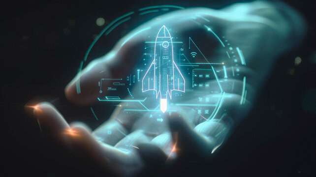 An entrepreneur with a virtual screen of rocket icon and an upward arrow in an open palm symbolizes swift business movement. This concept represents strategic planning and business success.
