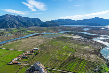 Scenic views from Kaunos and Dalyan, a city of ancient Caria, west of the modern town of Dalyan and...