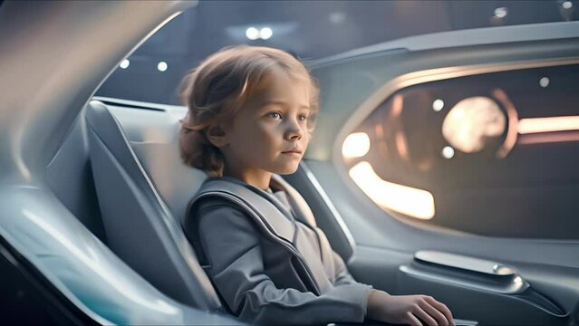Child in self-driving car controlled by an artificial intelligence autopilot. Concept of future technologies, internet of things and smart devices.