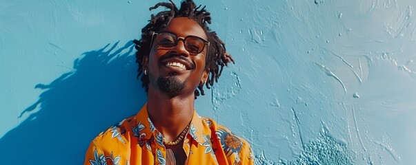 Sunny Disposition: Man in Floral Shirt Against Blue Wall
