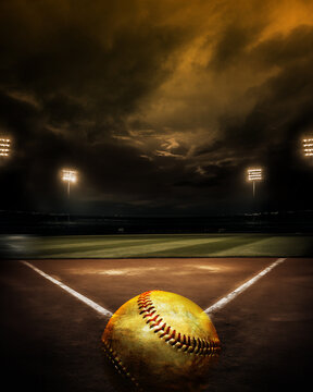 Softball on a field at dark 