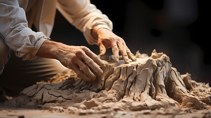 A close-up shot of a sculptor's hands shaping a piece of clay, showcasing the artist's skill and...
