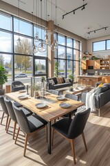 Fototapeta premium An open floor plan living space with a dining table and a living room
