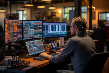 A man wearing headphones works at a computer in a dimly lit room - obrazy, fototapety, plakaty