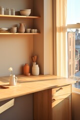 Fototapeta na wymiar Sunlight shining through a window onto a wooden table and shelves with ceramic objects