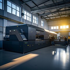 Industrial printing machine in a large print shop with workers