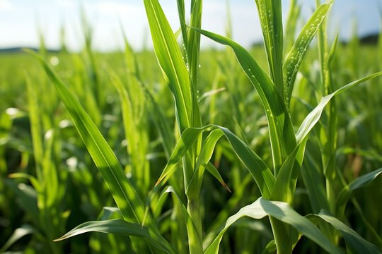 Close-up of green corn leaves in a lush field