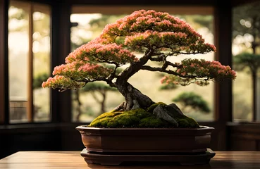 Schilderijen op glas Beautiful Bonsai Tree with Flowers Generative AI image.   © Ariyan