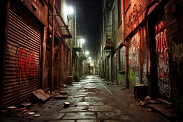 A dark and dirty alleyway with graffiti on the walls and trash on the ground