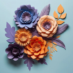 Bouquet of Paper Flowers on Blue Background