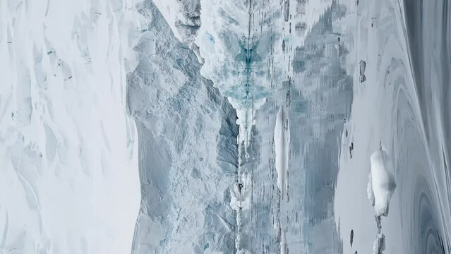 A huge high breakaway glacier is passing by in the southern ocean off the coast of Antarctica, the Antarctic Peninsula, the Southern Circle, azure water, cloudy weather