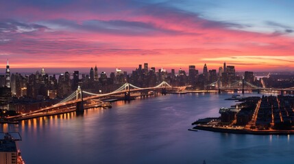 New York City skyline at sunrise with the Manhattan and Brooklyn Bridges in the foreground