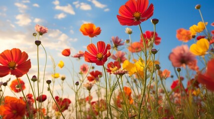 Field of red, yellow, and pink cosmos flowers in full bloom under a blue sky