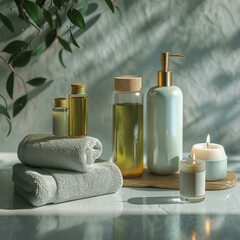 Fototapeta na wymiar Spa skin care product set decoration, towel candle, oil bottle with nature light for background.