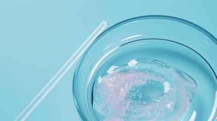 Glass Petri Dish with Cosmetic Gel and Dropper on Blue Background