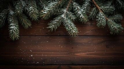 Close-up of snow-covered fir tree branches on a wooden background